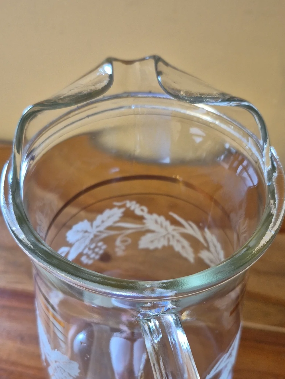 Vintage Bartlett-Collins Glass Pitcher with Etched Grape Leaves & Gold Bands